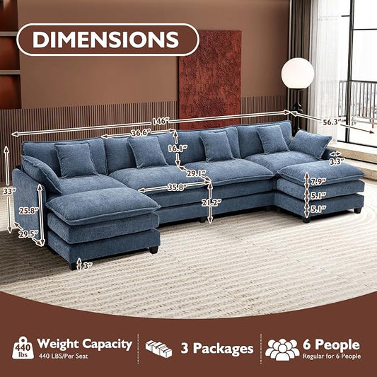 Ihanherry 146" U-Shaped Modern Sofa Modular Sectional Cloud Couch with 2 Ottoman, 6-Seat Chenille Deep Seat Sofa with 6 Pillows for Living Room, Bedroom and Apartment, Blue