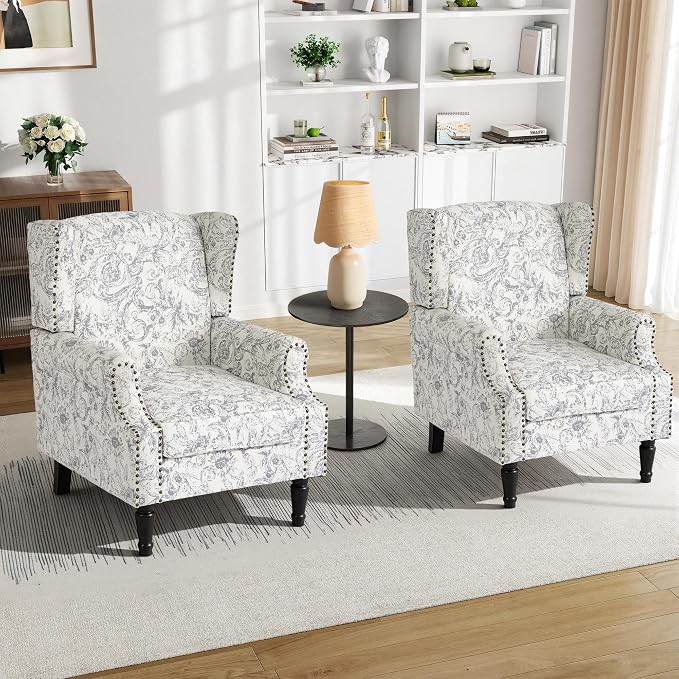 Pia Ricco Set of 2 Floral Accent Chairs, High Back Upholstered Armchairs with Retro Wingback Design, Nailhead Trim & Solid Wood Legs for Living Room Bedroom Home Office(Rococo Light Gray)