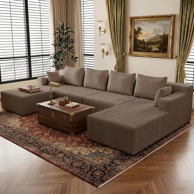 142" Oversized Cloud Modular Sectional Sofa Boneless Couches with Double Chaise Lounge and Deep Seat, Fluffy Corduroy Upholstered Compressed Lounge Sofa & Couches for Living Room