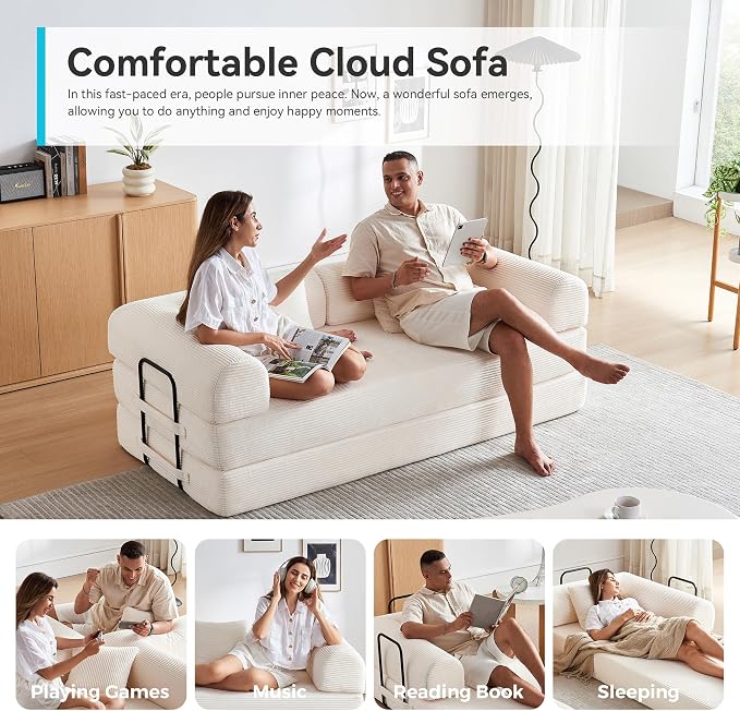 Convertible Folding Couch, 5-in-1 Futon Sofa with Armrests, Convertible Sleeper Sofa Bed Comfy Fold Out Bed for Living Room, Bedroom,Guest, Office, No Assembly Sofa for Small Spaces(Beige White)