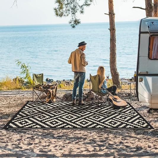 GENIMO Outdoor Rugs 8'x10' Waterproof, Reversible Mats, Area Plastic Straw Rug, Outside Carpet, Geometric Rv Mat for Patio Camping Rv Picnic Backyard Deck Balcony Porch Beach Trailer (Black & Beige)