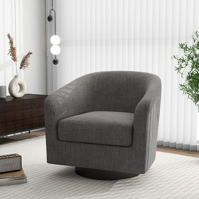 Swivel Barrel Accent Chair, Modern Round Linen Arm Chair for Living Room, Bedroom, Comfy Club Reading Chairs for Adults(Linen Fabric, Grey, Set of 4