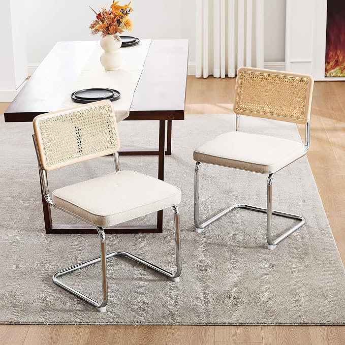 Zesthouse Natural Rattan Dining Chairs Set of 2, Mid Century Modern Dining Chairs with Solid Wood Back & Chrome Base, for Kitchen Living Room, Breuer Design Inspired, Upholstered Linen Fabric, Beige