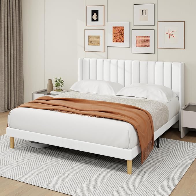 alazyhome Platform Bed Frame King Size with Upholstered Headboard, Solid Wood Slats Support, No Box Spring Needed, Noise Free, Easy Assembly, Modern Fabric Bed, White