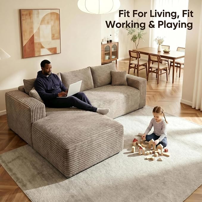JINGLING 94" L Shape Couch with Left Chaise, Memory Foam Boneless Sectional Sofa in a Box, No Assembly Modular Small Couches for Small Spaces, Living Room, Apartments, Plush Corduroy, Camel