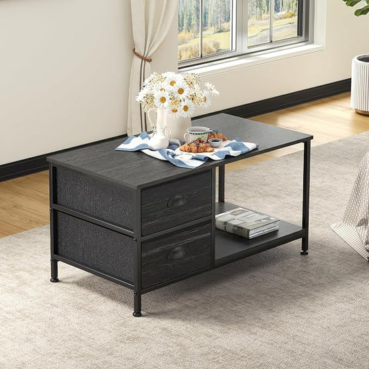 SENIG Coffee Table with Drawers, Coffee Table for Living Room, 2-Tier Coffee Tables with Storage Drawers,Oak Coffee Tables for Small Spaces, Rectangle Wood Table, Metal Side End Table
