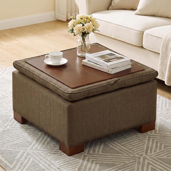 30 Inch Square Storage Ottoman Coffee Table, Modern Tufted Upholstered Ottoman with Flip Tray and Solid Wood Legs, Suitable for Living Rooms, Linen Brown