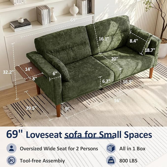 Vipbear 69" Loveseat Sofa,Modern Couches for Small Spaces,Green Chenille Love Seat Couch for Living Room,Bedroom,Apartment,Office,Deep Seat,Armrest Tabletop,Throw Pillow