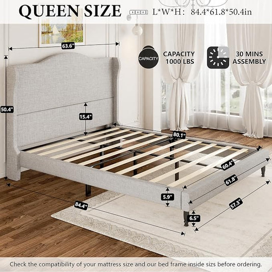 Queen Bed Frame with 50.4" Tall Wingback Headboard, Upholstered Platform Bed with Wood Slats, 1000 lbs Capacity, No Box Spring Needed, Easy Assembly, Beige