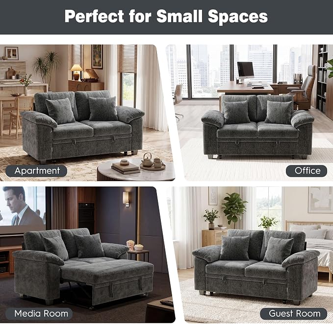 Ihanherry 61" Loveseat Sleeper Sofa, 2-in-1 Pull Out Couch Bed with 2 Pillows, Chenille Convertible Sofa Bed, Small Space Sleeper Couch for Living Room Apartment (Grey)