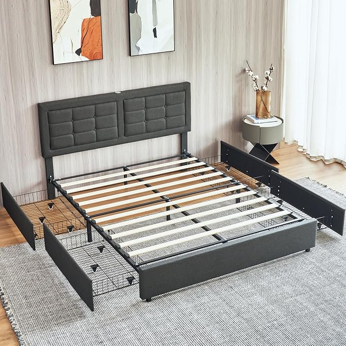 VECELO Full Size Bed Frame with 4 Drawers, Adjustable Tufted Button Headboard, Upholstered Platform with Wood Slats Support, Built-in USB and Type C Ports, Dark Gray