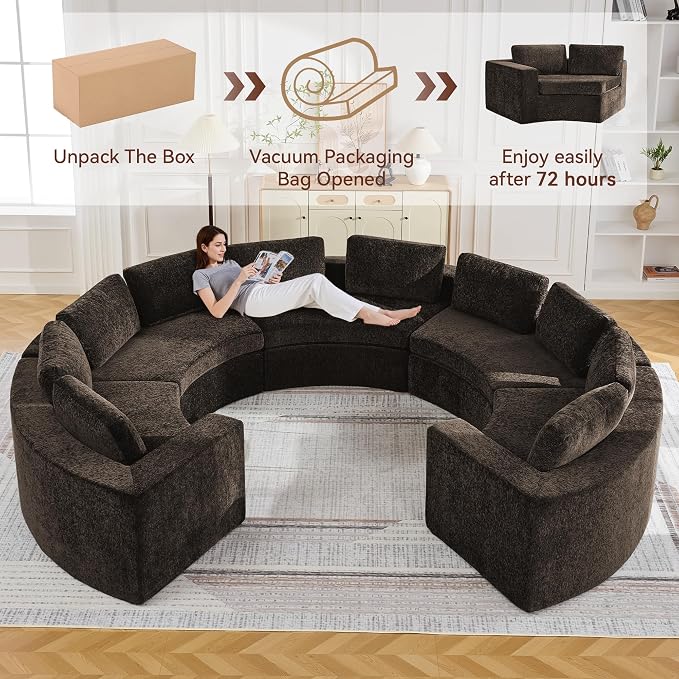 WUTUTUEE 145'' Curved Round Boneless Couch, Oversized U Shaped Sofa with Deep Seat & Arms, Chenille Modular Sectional Sofa with Pillows, Upholstered Comfy 10 Seat Couch for Living Room, Brown