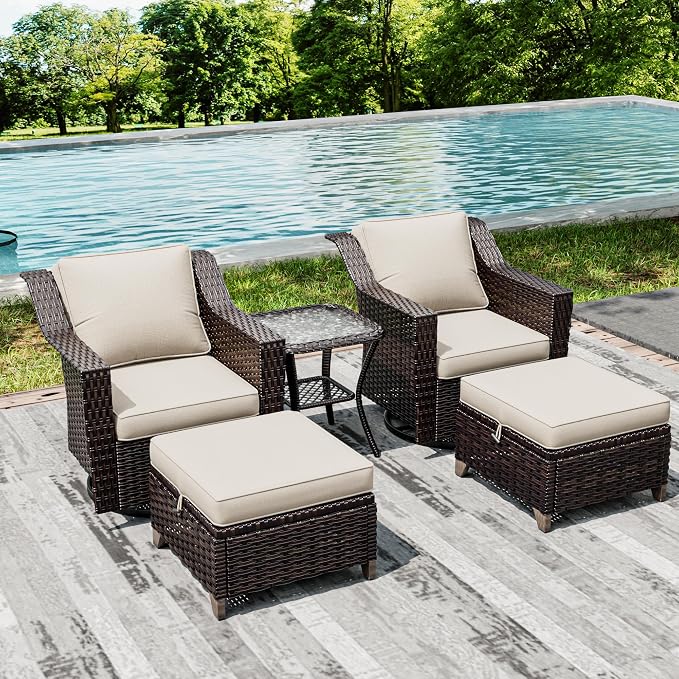 Outdoor patio furniture set with cushions by a pool