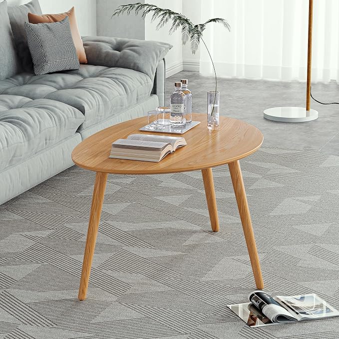 Small Oval Coffee Table, Mid Century Modern Coffee Table for Living Room, 100% Solid Oak Wood Side Table End Tables for Home (Original Wood Color, 25.59''x17.51''x19.68'')