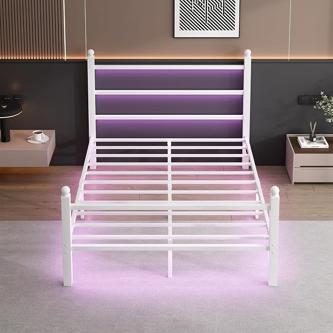 CLIBFENG Queen Size Bed Frame with Headboard and Footboard,Steel Slats Support-LED Bed Frame with USB Charging Station,Mattress Foundation-Under Bed Storage,No Box Spring Needed,Noise Free,White