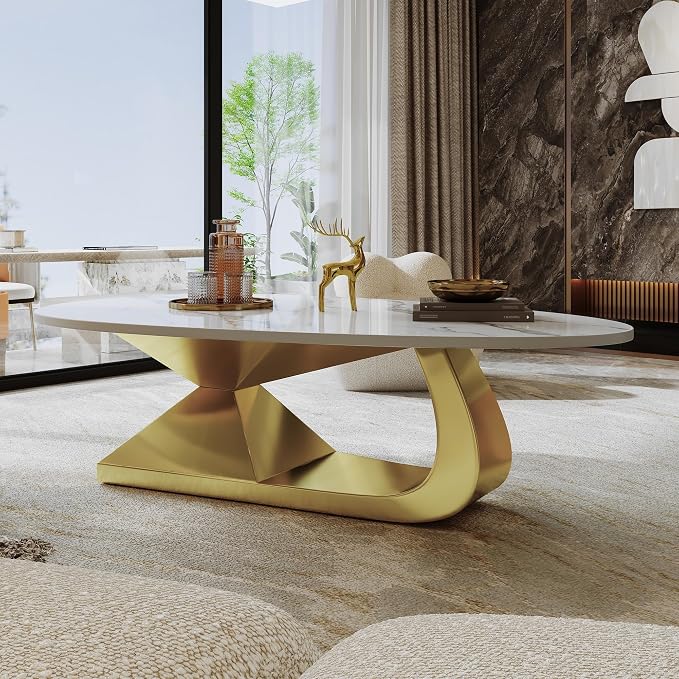 51.2-Inch Modern Oval Marble Coffee Table with Sturdy Gold Stainless Steel Base - Elevate Your Living Room with Style & Luxury, Scratch-Resistant & Easy Assembly.