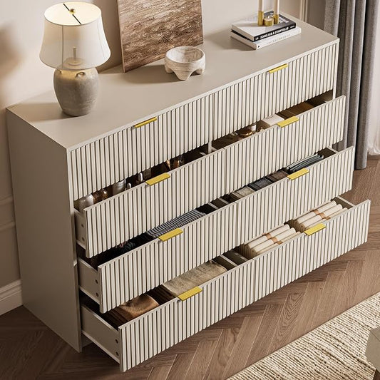MAISONARIA 3-Piece Dresser Bedroom Set, 8 Drawer Dresser & 3 Drawer Nightstands with Gold Handles, Fluted Wood Chest of Drawers for Bedroom, Living Room, Entryway, Beige