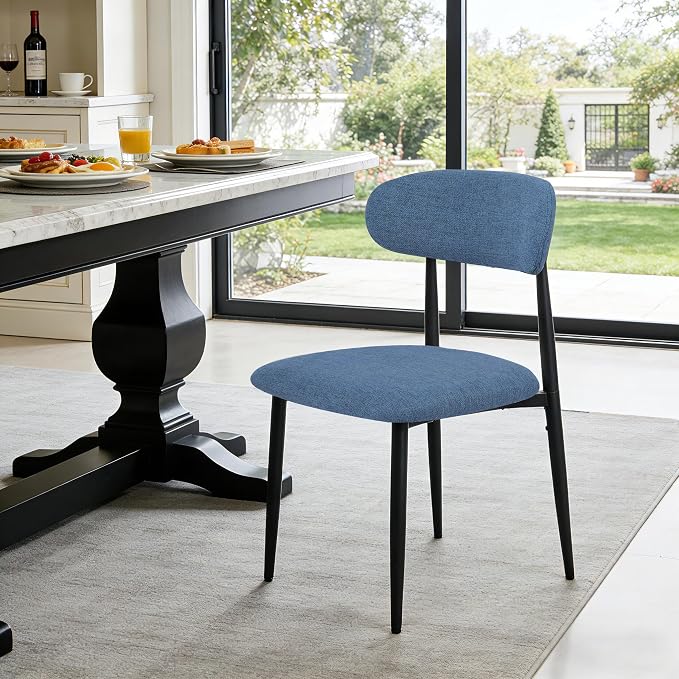 FREKEN Modern Upholstered Dining Chairs Set of 2, Mid-Century Metal Frame Linen Fabric Side Chair for Kitchen Dining Room, 350lbs Capacity, Blue