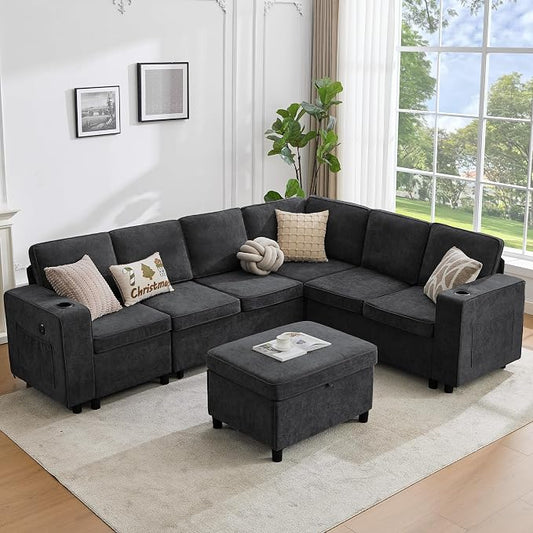 107 Inch Sectional Sleeper Sofa with Pull Out Bed, 7 Seat U Shaped Modular Sectional Sofa with Storage Ottoman, USB Port & 6 Pillows, Sectional Couches for Living Room & Apartment, Modular Couch,Black