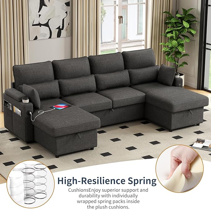 L-Shaped Sectional Sofa with Storage, Reversible Sleeper Sofa Couch with Chaise, Soft Fabric Upholstered Modular Couch with Cup Holder & Side Pockets, 1000lbs Capacity for Living Room