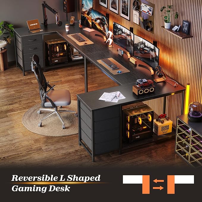 PRAISUN 53" L Shaped Desk with Power Outlets & USB-C Port, Reversible Computer Corner Office Desk with 4 Fabric Drawers and 2 Storage Shelves, Large Desk for Gaming Writing Work Study, Black