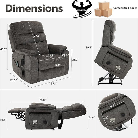 JIKFRIMA Power Lift Recliners Chairs for Elderly Adults Lay Flat Recliner with Heat & Massage, Wireless Charging Device, USB Ports, Cup Holder, Lumbar Pillow, 400Lbs(Chenille Fibric,Grey)