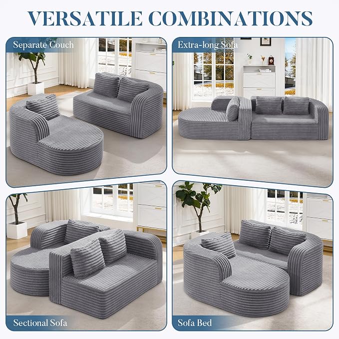 Hobestluk Modular Sectional Sofa Couches L-Shape Couch 3 Seat Modular Sofa Memory Foam Sectional Couches for Living Room, Cloud Couch (Round Lightgrey, 96", Left Hand Facing)