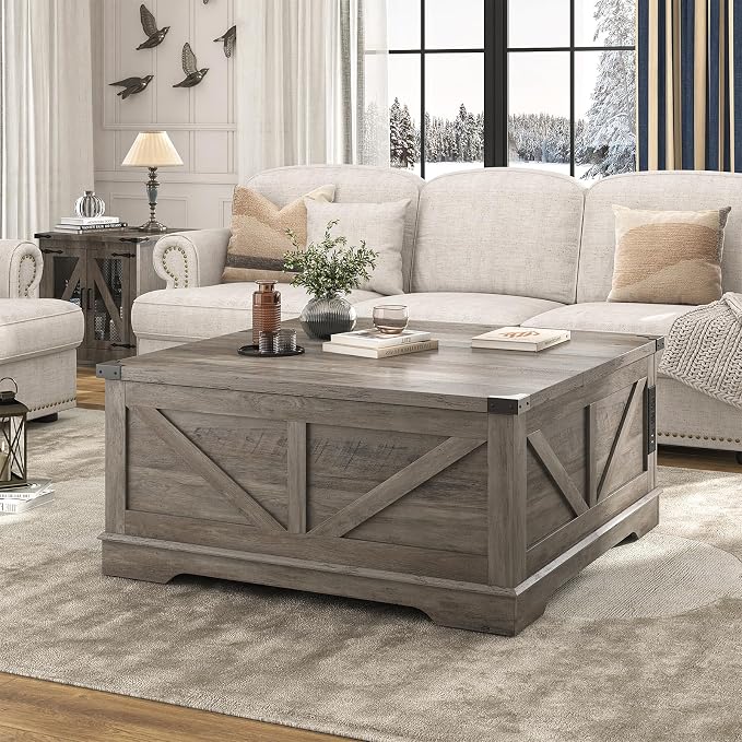 Hlivelood 40” Large Farmhouse Lift Top Coffee Table with Power Outlets and Large Hidden Storage, Square Wood Living Room Tables, Multi-Function Lift Wooden Barn Door Center Table, Grey