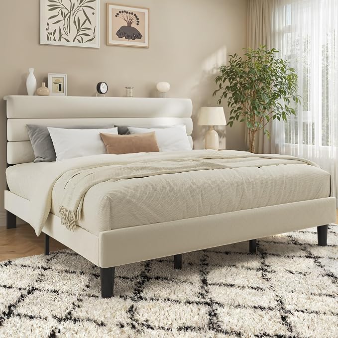 Fluest King Size Bed Frame, Platform Bed Frame with Velvet Upholstered Headboard, No Box Spring Needed, Sturdy Metal Support, Noise Free, Easy Assembly, Beige