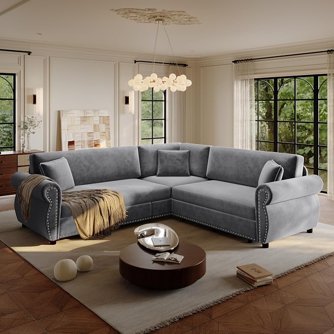 88.2" Sectional Sleeper Sofa with Pull Out Bed - Oversize L-Shaped Convertible Sleeper Couch Bed, Button Tufted Chesterfield Sofa, Chenille Vintage Couches for Living Room(4-Seater, Light Grey)