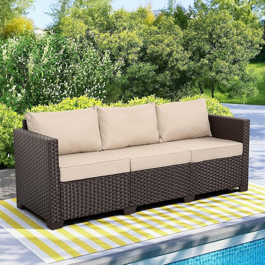 WAROOM Patio Couch PE Rattan 3-Seat Outdoor Sofa Brown Wicker Furniture Set Deep Seating with Anti-Slip Beige Cushion