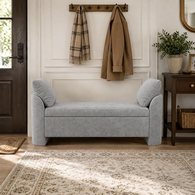 Usaint 58.3" Storage Ottoman Bench with Pillows, Upholstered End of Bed Bench with Arms, Footrest Stool Bench for Bedroom, Living, Window, Entryway and Hallway, Grey