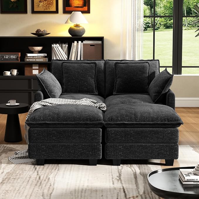 58" Cloud Couch Loveseat, Deep Seat Modular Sectional Sofa with 4 Removable Washable Pillows and 2 Ottoman for Living Room, Bedroom, Apartment, Black