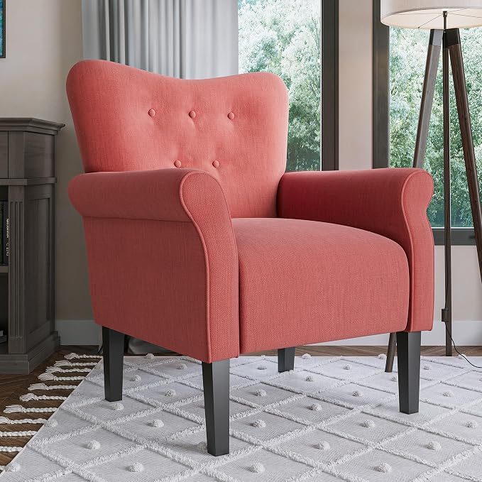 BELLEZE Modern Accent Chair, High Back Armchair, Upholstered Wingback Side Chair, Padded Single Sofa with Wooden Legs for Living Room, Bedroom - Brick