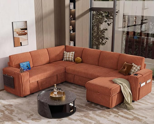 Vipbear 111" Modular Sectional Sleeper Sofa with Pull Out Bed, 7 Seat Plush Corduroy L Shaped Couch with Storage Chaise|USB Ports|Cup Holders|Side Table|Storage Armrests, Tool Free Assembly, Orange