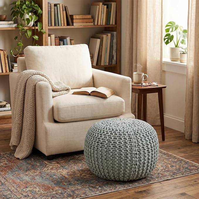 BIRDROCK HOME Round Pouf Ottoman Foot Rest - 18.5”x18.5”x15” Boho Compact Comfortable Soft Cotton Braided Foot Stool with Bean Bag Filling for Living Room, Bedroom, or Nursery (Sage Green)