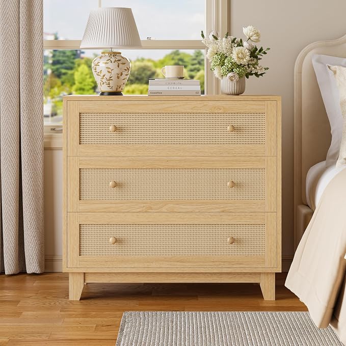 Rattan 3 Drawer Dresser for Bedroom, Small Boho Dresser with Wood Handles, Wood Nightstand, 29.52" Wide Modern Dresser, Chests of Drawers for Living Room, Entryway, Hallway, Natural Oak