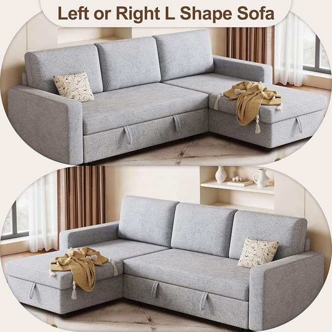 81" Convertible L-Shaped Pull Out Sectional Sleeper Sofa Bed, Light Gray | Storage Chaise, Pull Out Sectional Couch, Removable Cushions, Chenille Fabric, For Small Apartment & Living Room
