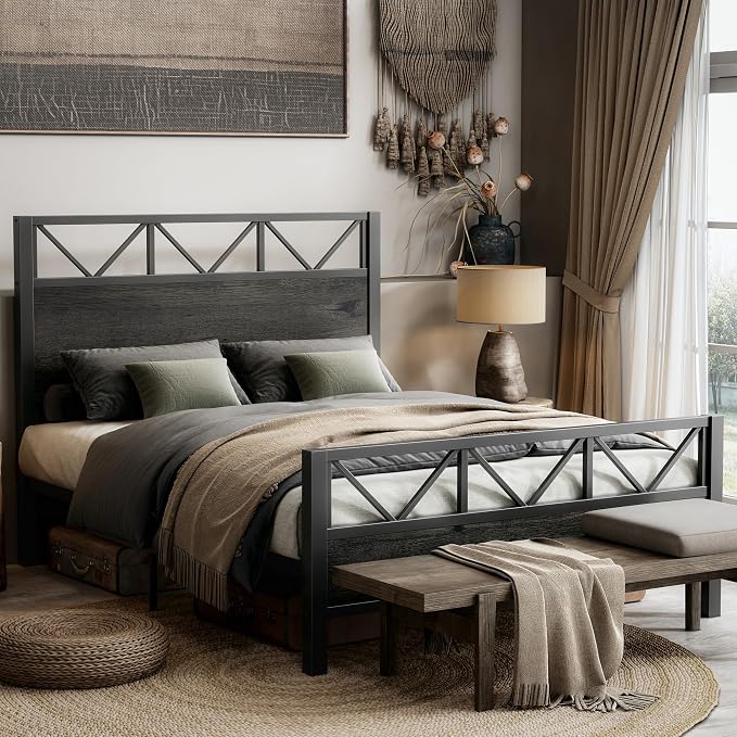 LIKIMIO Queen Bed Frame, Tall Industrial Headboard 51.2 ", Platform Bed Frame with Strong Metal Support, Solid and Stable, Noise Free, No Box Spring Needed, Easy Assembly, Charcoal Grey