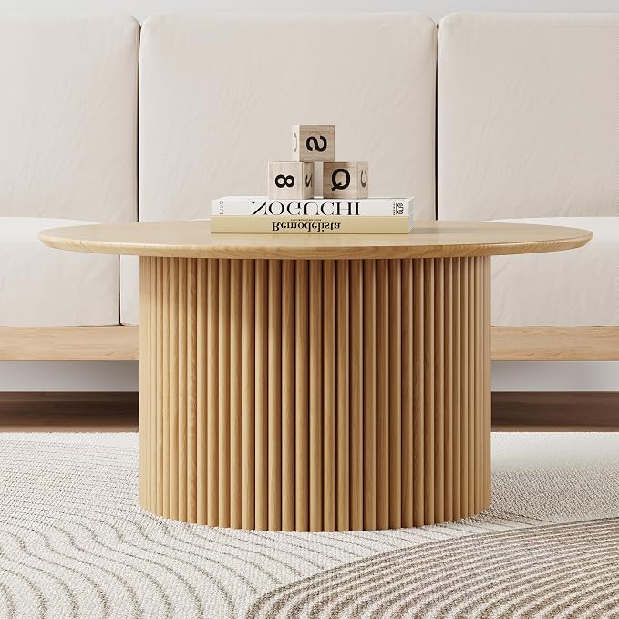 31.5" Round Coffee Table, Modern Fluted Accent Center Table with Metal Frame, Wooden Circle Coffee Tables for Living Room Small Space or Office (Natural)