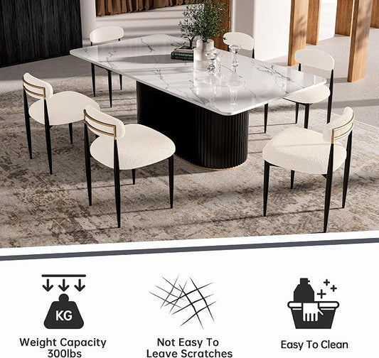 Morden Fort Marble Dining Table Set for 6, 70" Kitchen Table with White Rectangle Top and Black Fluted Base, 6 Modern Upholstered Chairs for Dining Room, Restaurant and Reception