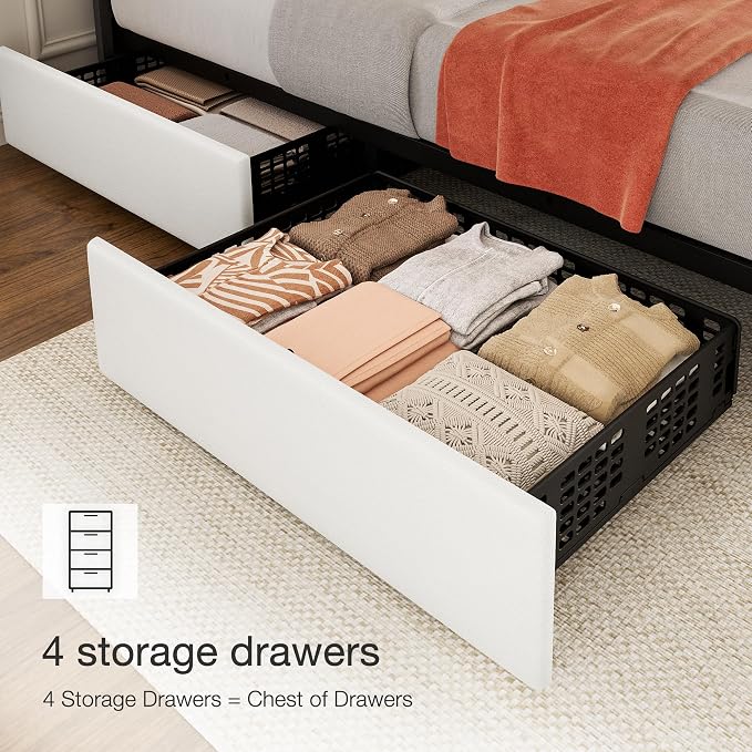 IDEALHOUSE Queen Size Bed Frame with 4 Storage Drawers, PU Leather Upholstered Platform Bed Frame, Adjustable Height Headboard, No Box Spring Needed, Easy to Assembly, White