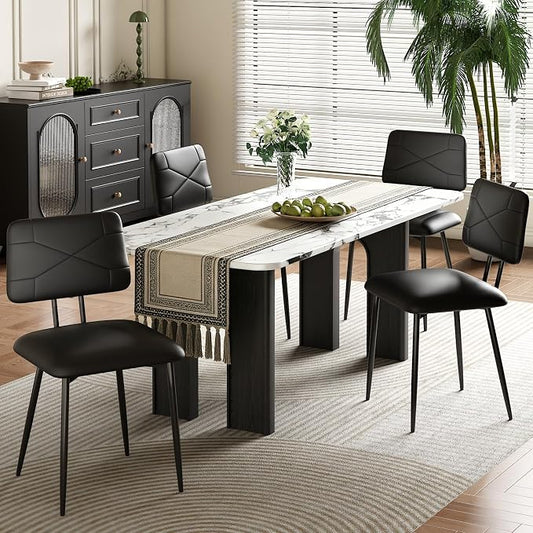 VECELO Dining Chairs Set of 4, Modern Upholstered Kitchen Chairs with Faux Leather Cushion Seat & Metal Legs for Kitchen, Living Room, Tufted Backrest Design, Black