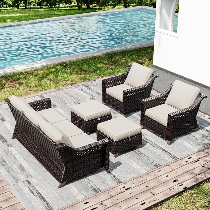 Joyside Wicker Patio Furniture Sets, 5 Pieces Upgraded Large Size Outdoor Furniture with Patio Dining Chairs, 3-Seat Sofa and Outdoor Ottoman, Thick Cushions, Wide Armrest