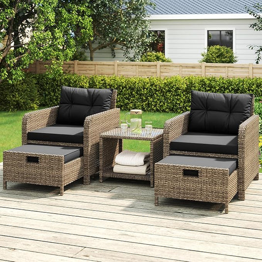 LHBcraft Outdoor Furniture 5 Piece Patio Conversation Set, PE Rattan Patio Set with Soft Cushions & Coffee Table, Outside Furniture with Hidden Ottoman for Porch, Lawn, Garden, Balcony, Black