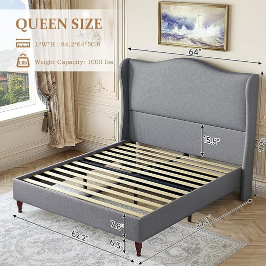 koorlian Queen Bed Frame Upholstered Platform Bed with 51" Tall Headboard Wingback, Soft Fabric, Retro Simple Style No Box Spring Needed, Easy Assembly, Grey