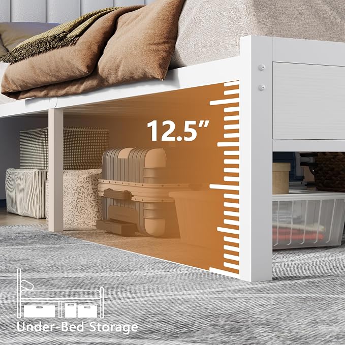 Furnulem White Queen Bed Frame with Charging Station & Led Lights, PU Leather Upholstered Headboard with 2-Tier Storage Shelves, No Box Spring Needed, Metal Slat Support, Easy Assembly