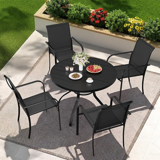 SUNCROWN 5 - Piece Outdoor Dining Set, Patio Furniture Set with 4 x Textilene Dinning Chairs and 41" Metal Round Table with Umbrella Hole for Lawn Garden Backyard Deck, Black