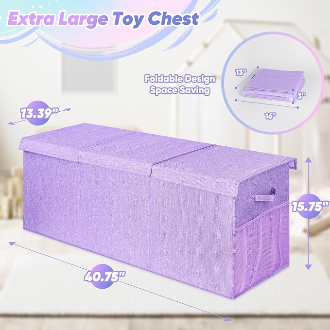 Mabahoo Extra Large Toy Box, Toy Chest for Kids Boys Girls, Collapsible Sturdy Storage Organizer with Mesh Pockets, 40"x14"x16" Kids Box Bins Baskets for Nursery, Playroom, Purple