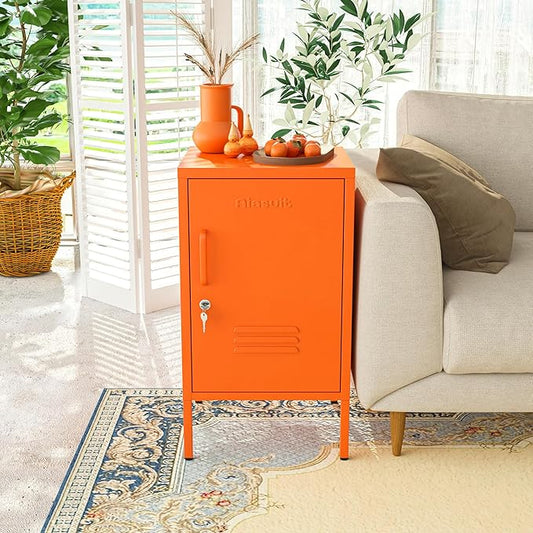 Single Door Lockable Metal End Table & Children's Bedside Table, 2-Tier Storage Cabinet with Adjustable Shelf, Easy Assembly Side Table for Living Room Bedroom Home Office Orange